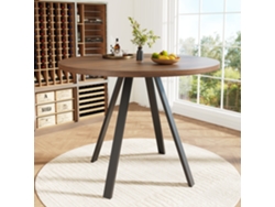 Mesa de comedor redonda moderna, base de metal, tablero con efecto madera, estilo marrón (diámetro de 80 cm)