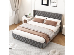 Cama Doble Tapizada De 180x200 Cm Con Cabecero De Botones Y Tachuelas, Patas De Madera Y Terciopelo Gris.