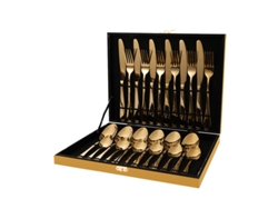 Juego de cubiertos de acero inoxidable, 24 piezas, para 6 personas, color dorado.