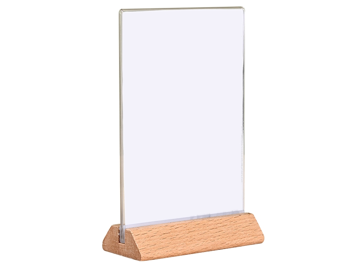 JILLIOPER Placa de Mesa Acrílica en Forma de T con Soporte de Madera de Haya para Oficina Cartel de Comida Tarjeta de Precio en Madera Maciza A4