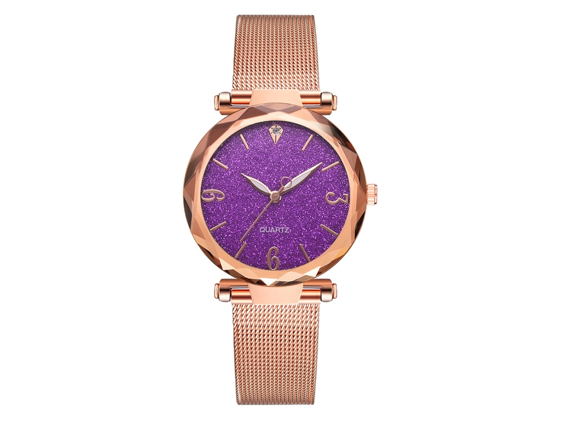 Reloj De Mujer Con Correa De Malla De Aleación Y Números Arábigos, Reloj De Cuarzo Morado