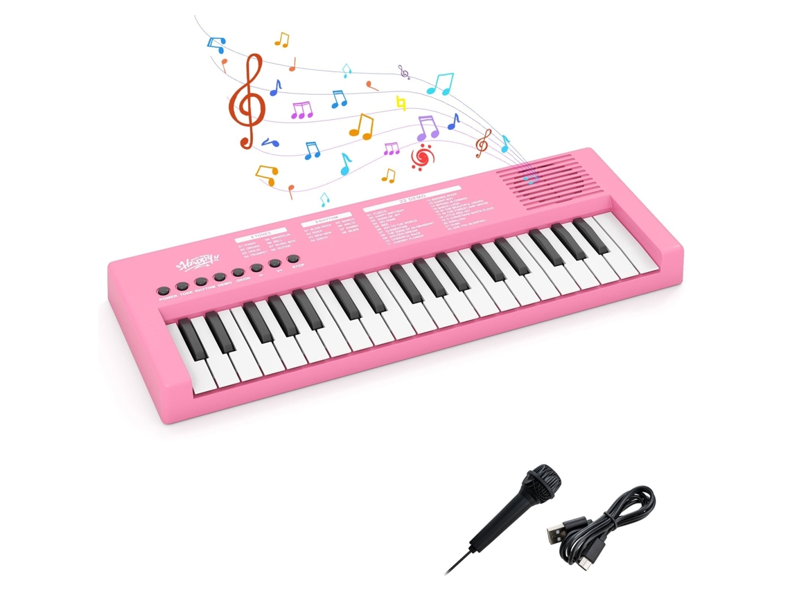 Piano Infantil com Teclado de 37 Teclas, 8 Ritmos e Sons, Microfone Incluso, Abs, Rosa, Alimentação Usb Ou Bateria NORTHIX