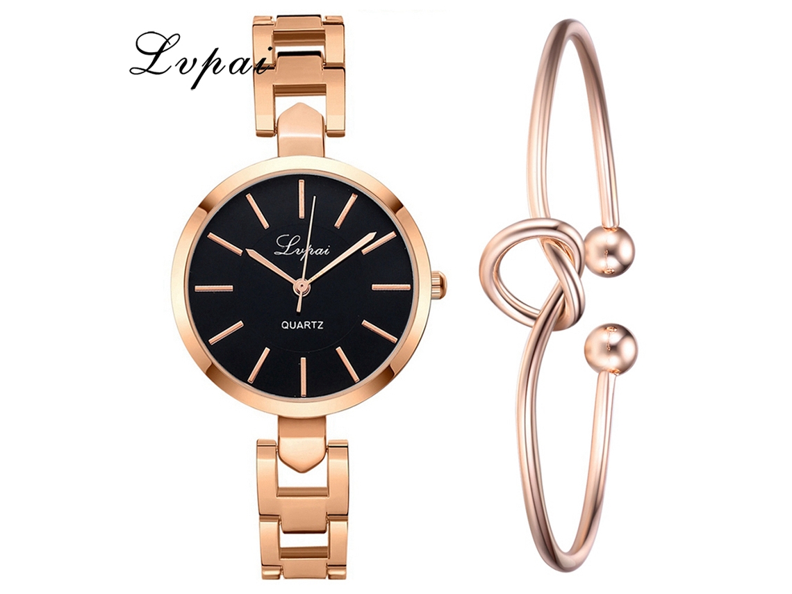 Reloj De Cuarzo Para Mujer Con Brazalete, Brazalete De Aleación De Oro Rosa, Negro.