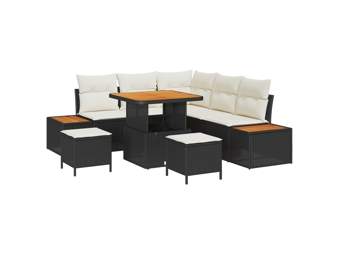 Conjunto de sofás de jardín Vidaxl de 8 con cojines de ratán sintético negro, acacia, mimbre negro, PE