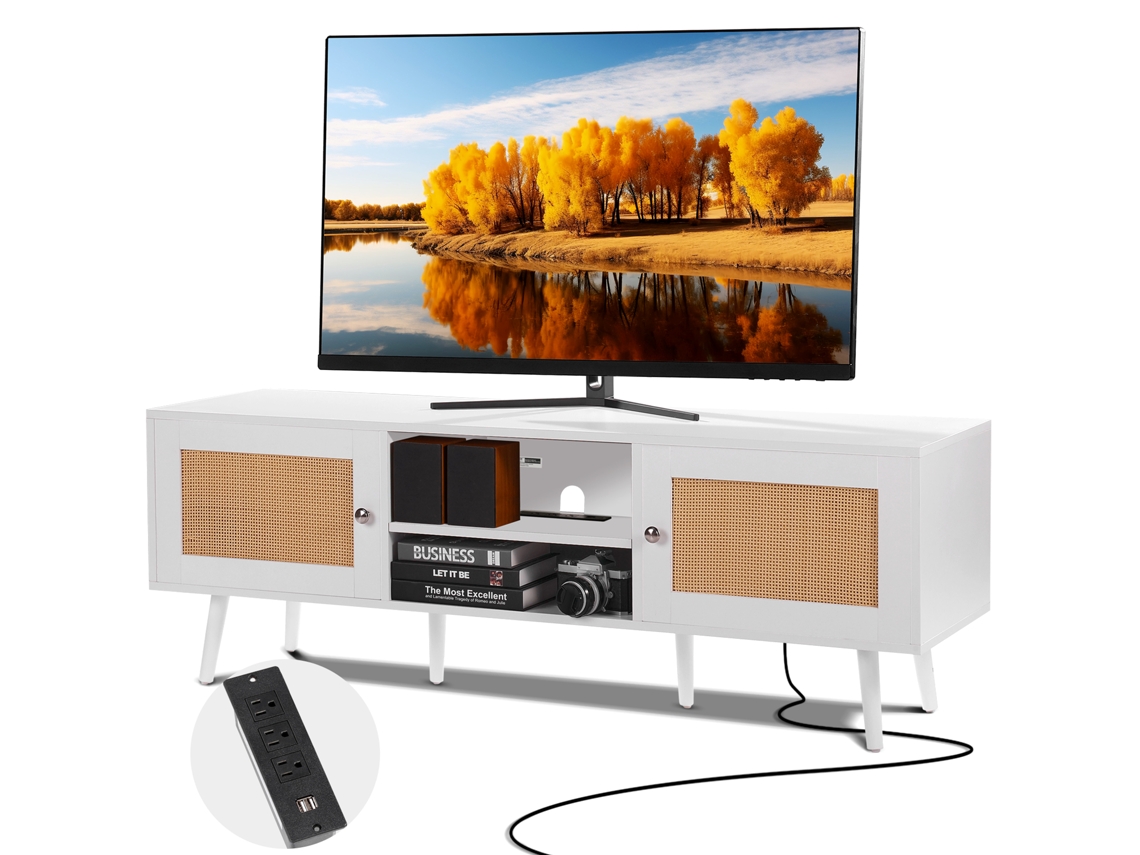 Soporte de TV VEVOR Rattan para TV Boho de 65 Pulgadas con Enchufe Incorporado Blanco