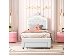 Cama De Princesa Blanca Con Corona Y Luz Led, 90x200cm, Cama Infantil Con Cajón De Almacenamiento Y Estructura En Pu