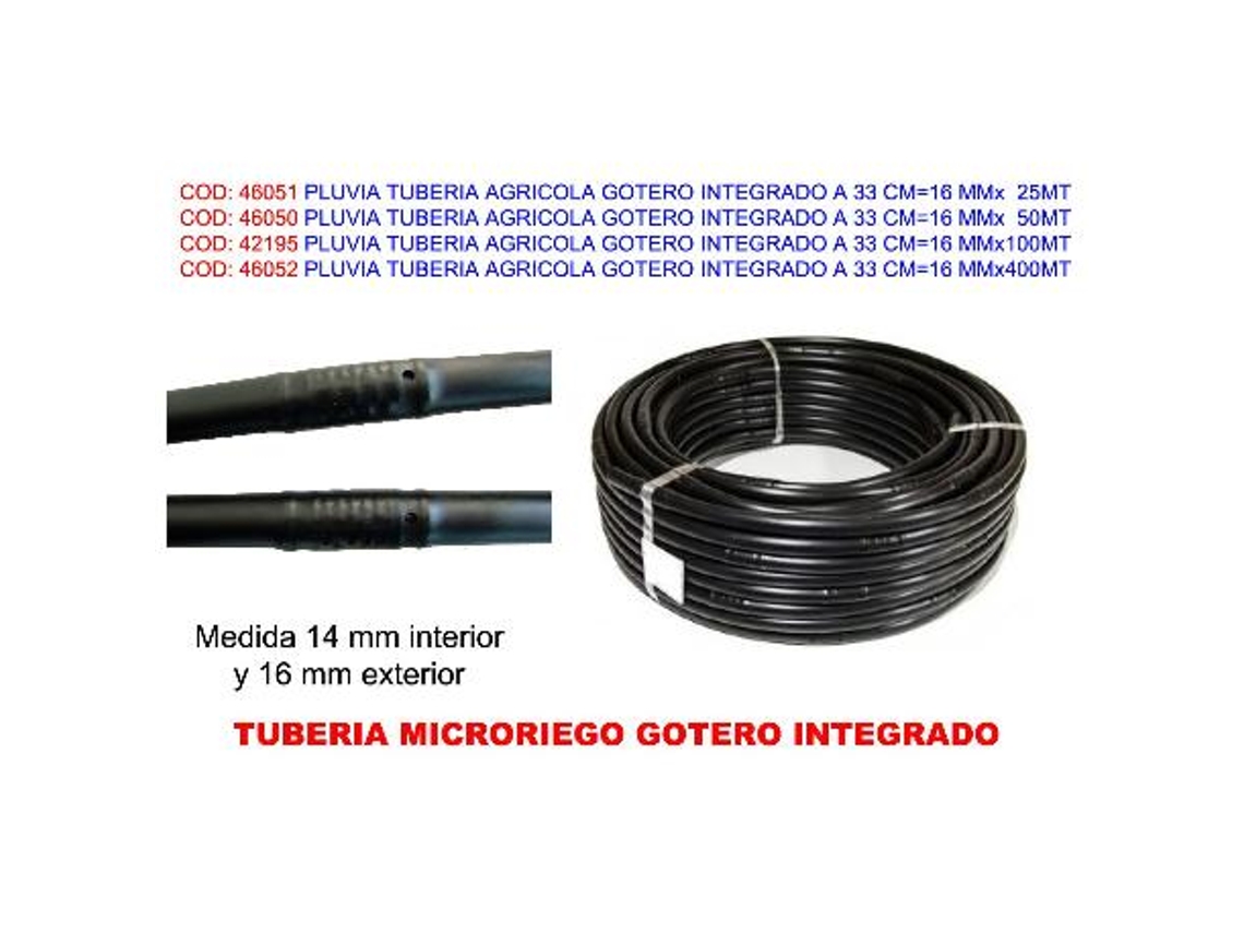 Pluvia tuberia agricola gotero integrado 2 l-h 33 cm 16 mmx 50mt