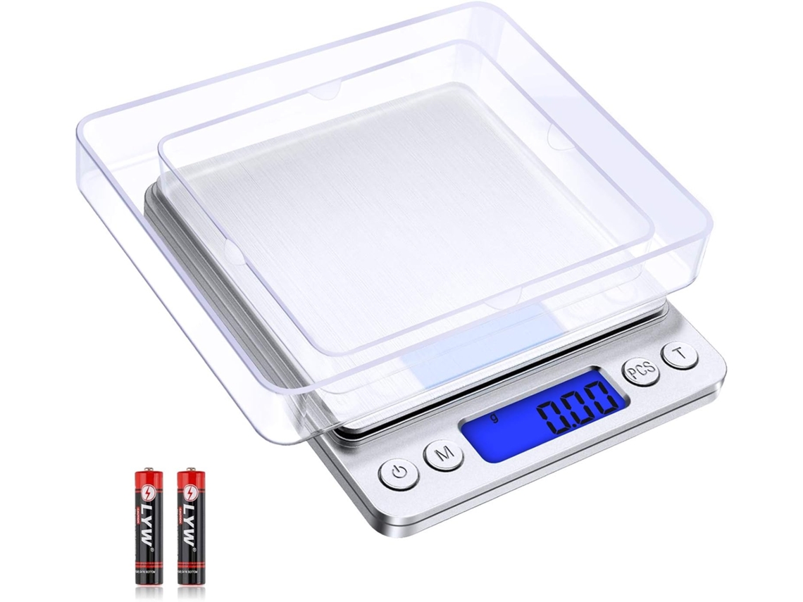 Báscula de cocina digital Amir, 500 g, mini, con tapa, pantalla LCD retroiluminada, 2 bandejas, 6 unidades, apagado automático