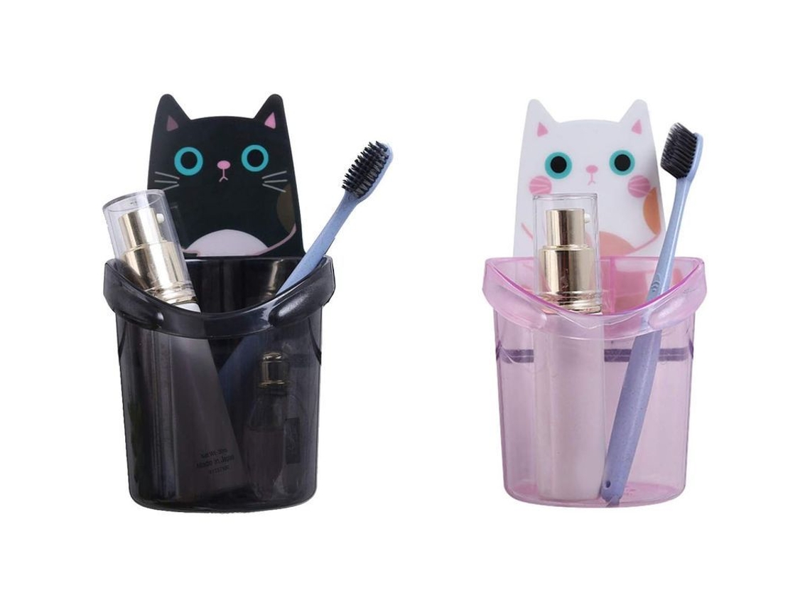 2026-portacepillos De Forma De Gato Cartoon Para Baño Estante De Almacenamiento 2 Piezas