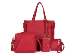 Mochila de gran capacidad para mujer, color rojo, conjunto de 4 piezas, bolso de hombro, cartera y tarjetero, elegante y multifuncional.