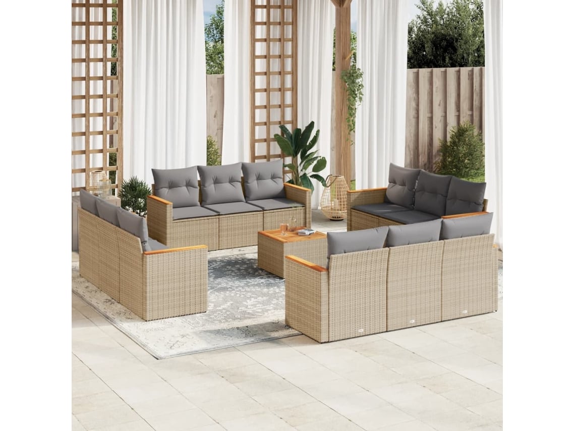 Conjunto de sofá de jardín de 13 piezas con cojines, mimbre sintético beige, Dkd Home Decor