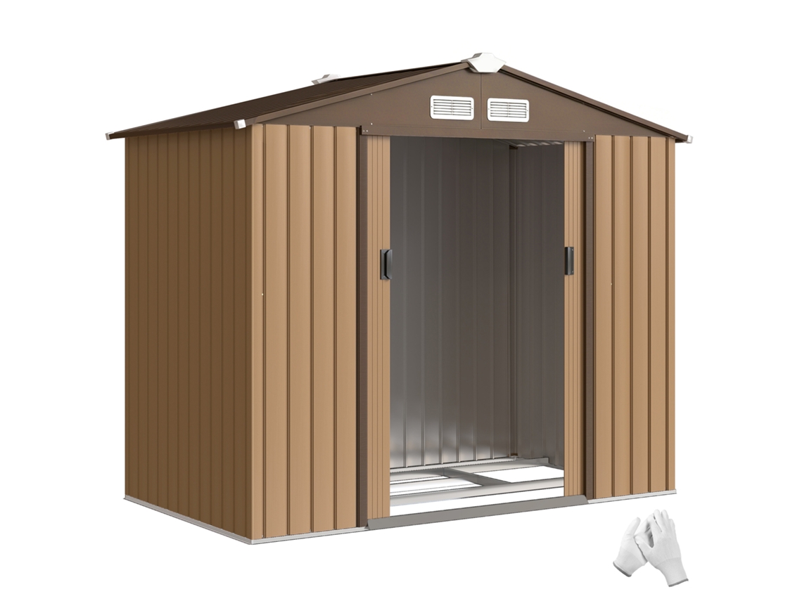Caseta de jardín de 213x130x185cm, caseta de jardín metálica para exteriores con 2 puertas correderas y 4 ventanas, color marrón claro, PMM CAPITALI