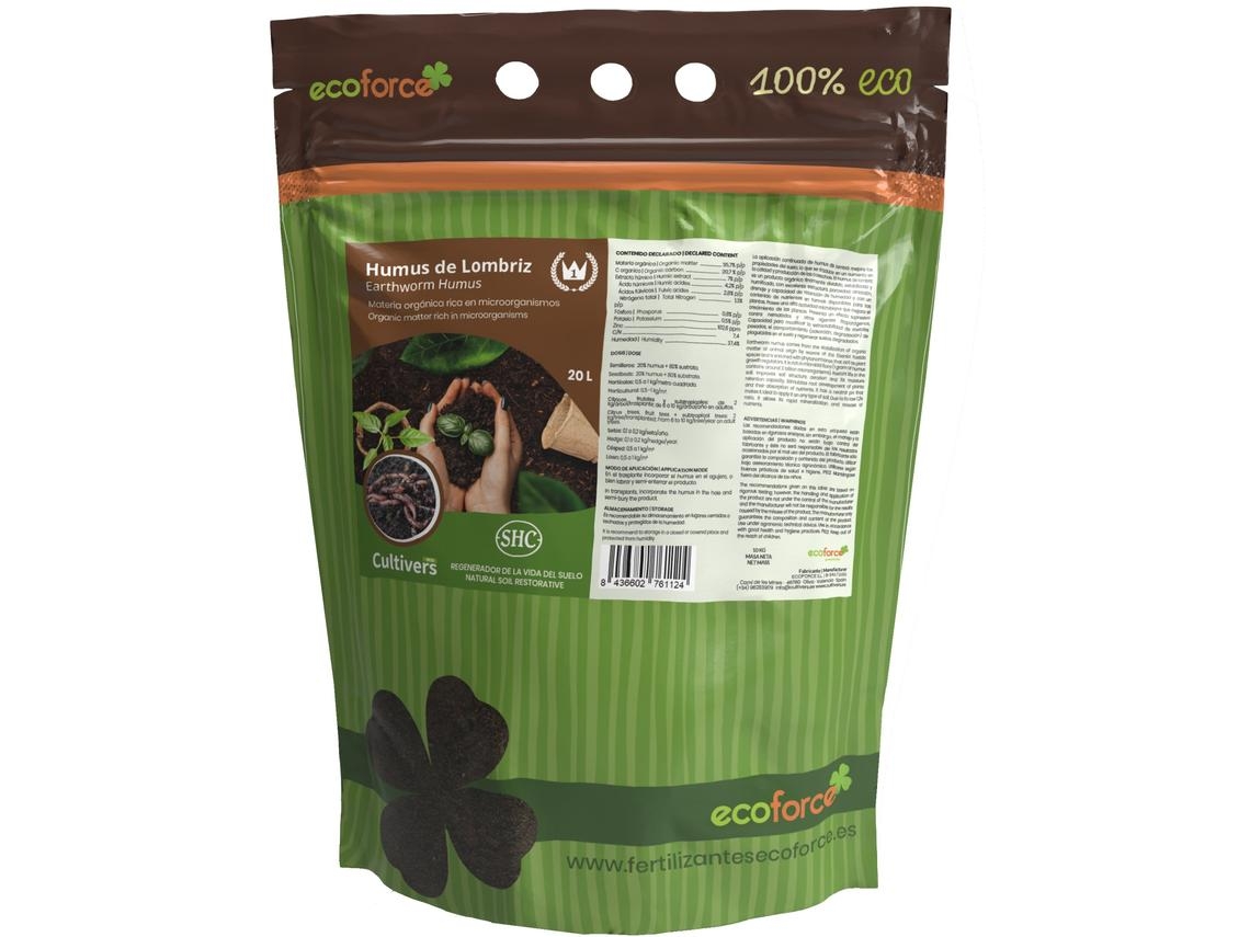 CULTIVERS Humus de Lombriz Ecológico 20 L (10 kg). Abono para Plantas Universal Huerto, Frutales, Césped y Jardín
