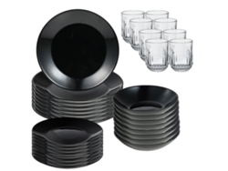 Vajilla San Ignacio de 24 piezas en color negro con 8 vasos de vidrio transparente (300 ml)