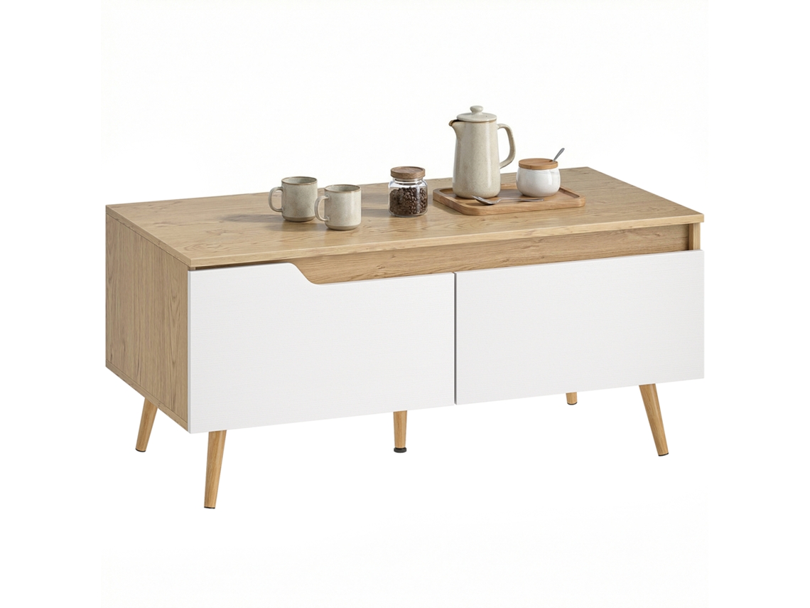 Mesa Centro 2 Gavetas Pés Madeira Pinho 100x50x46 Cm Carvalho