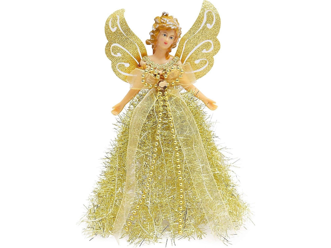 Omni-copa De Árbol Ángel Plástico Oro 19.5x8 Cm Con Alas Brillantes Y Vestido Adornado De Perlas Y Bow