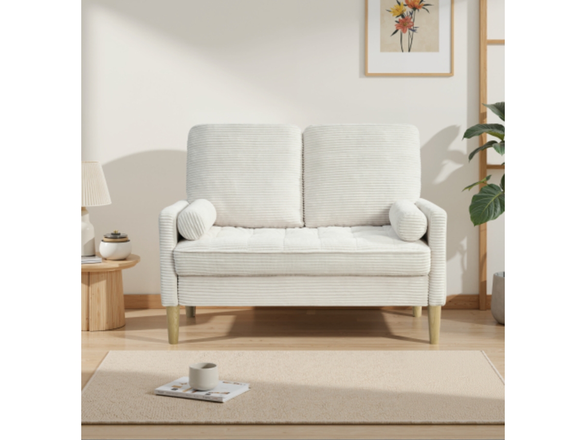Sofá De 2 Plazas - Estilo Escandinavo, Tapizado De Pana, Cojines Acolchados - Beige