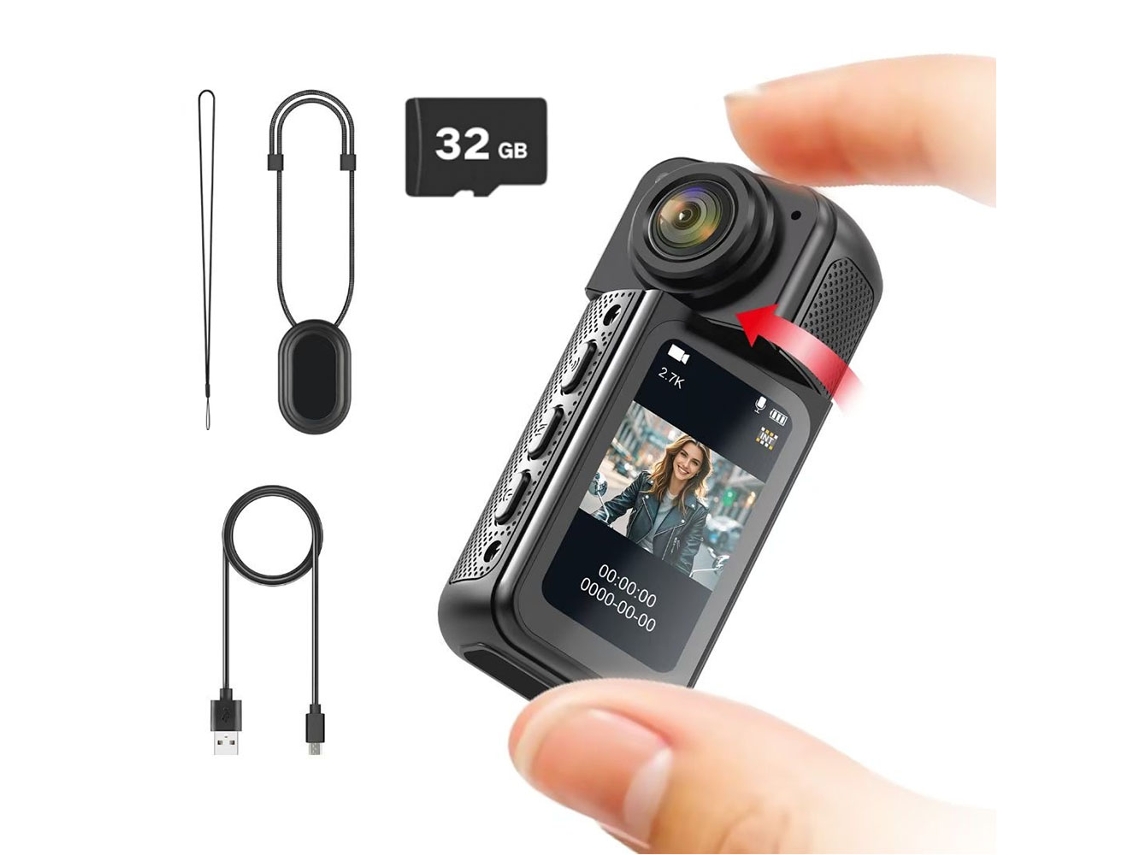 (negro + Tarjeta De 32 Gb) Mini Cámara De Acción De Pulgar, 2.7k/1080p Hd Portátil