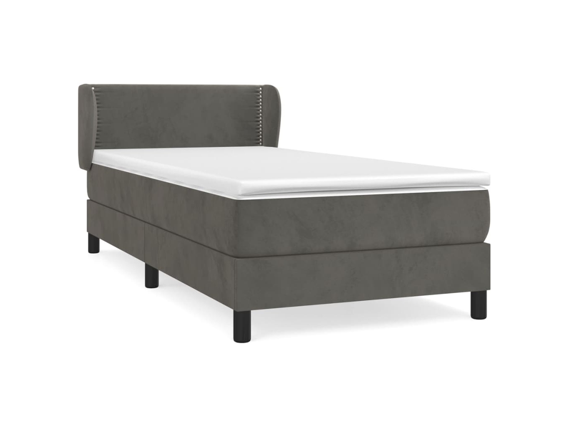 Cama con colchón de muelles y cabecero de terciopelo gris oscuro (100x200 cm)