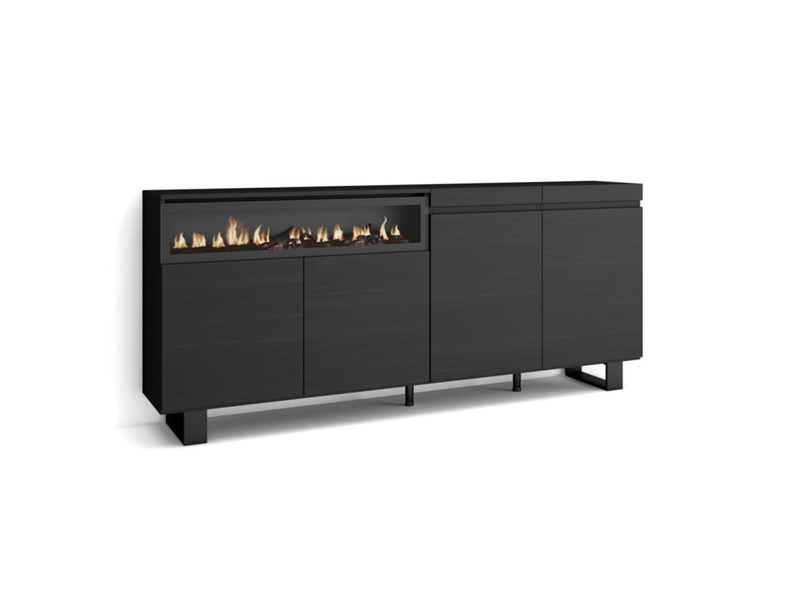 Aparadores para salón 200x87x35cm 4 Puertas Chimenea eléctrica Diseño industrial Negro
