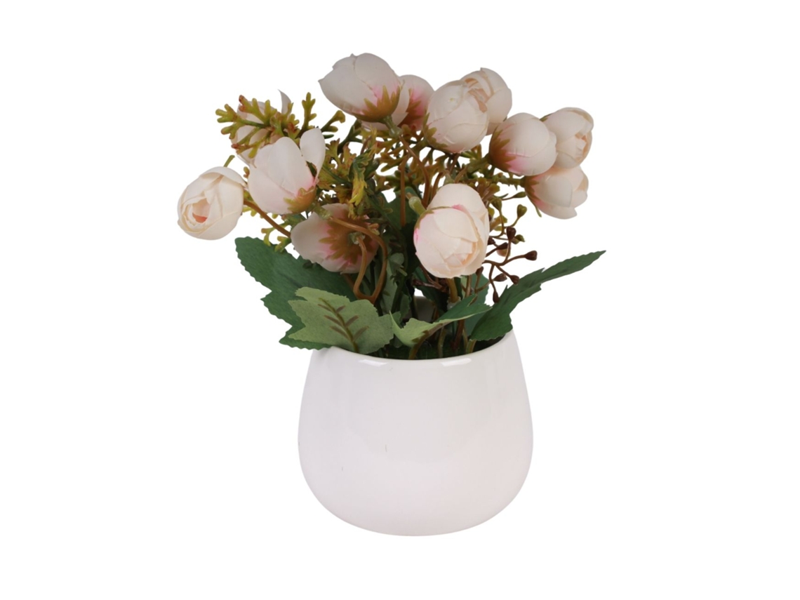 Arreglo floral artificial de peonías o rosas en jarrón de cerámica blanca. Realista para decoración del hogar | 22x9x9 cm.