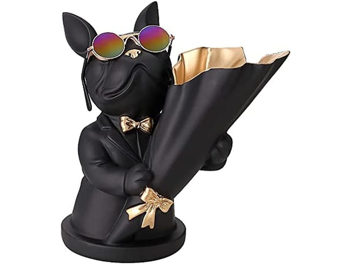 Figura De Bulldog Francés Con Bandeja De Acero Inoxidable, Recipiente Decorativo De Mesa Vinbcorw, Negro.