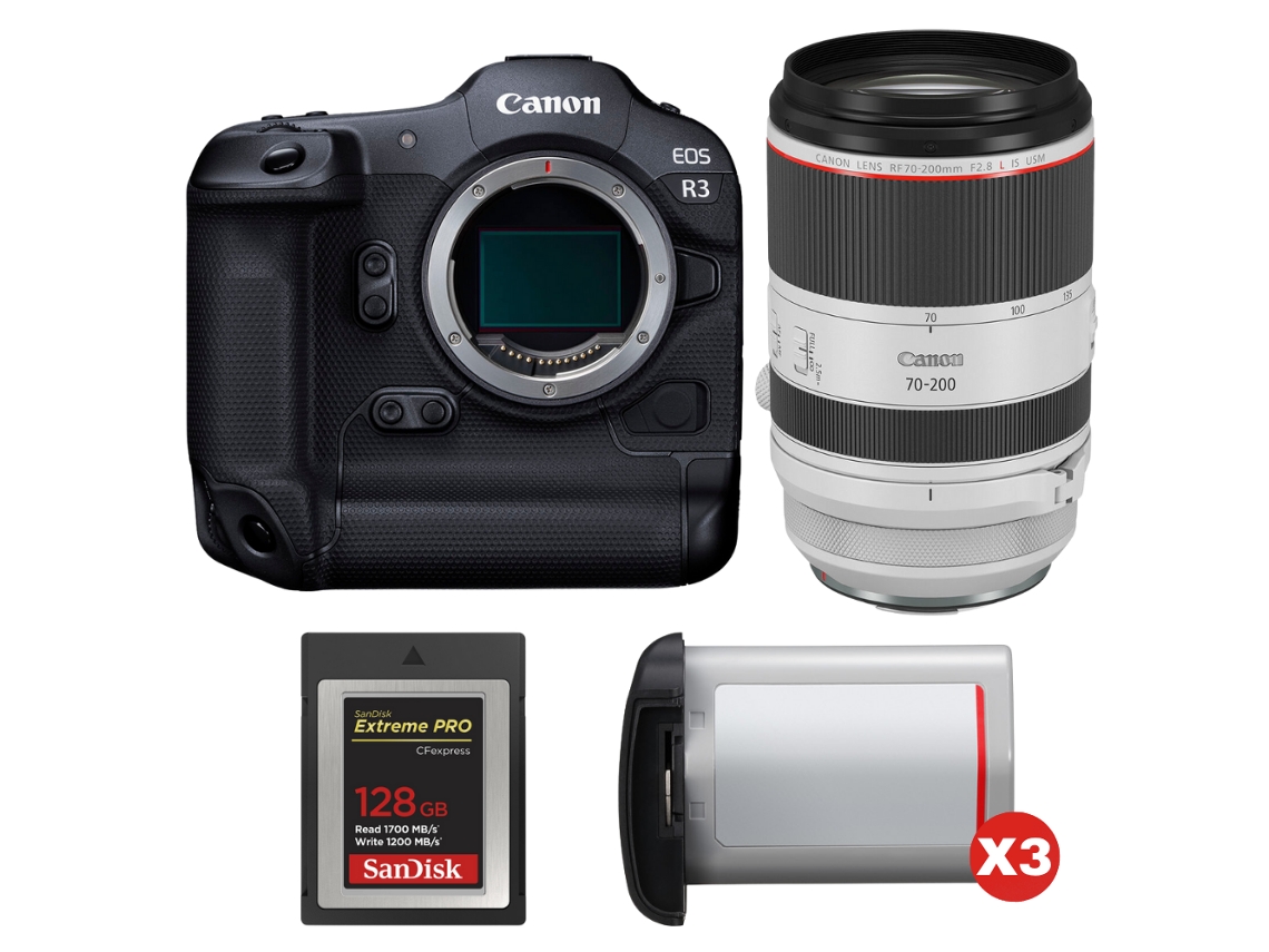 Canon Eos R3 + Rf 70-200mm F/2.8 L Is Usm + 1 Sandisk 128gb Extreme Pro Cfexpress Type B + 3 Canon Lp-e19 + Ebook Pricedirect