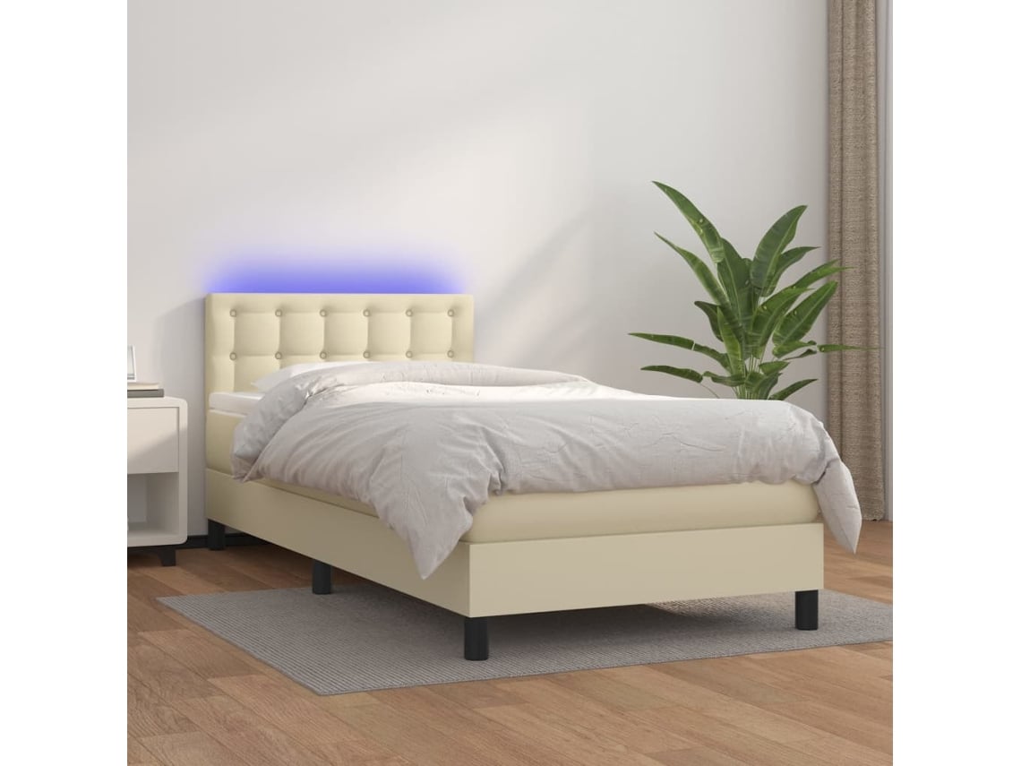 Cama Box Spring Colchón Y Led Cuero Sintético Crema 100x200 Cm