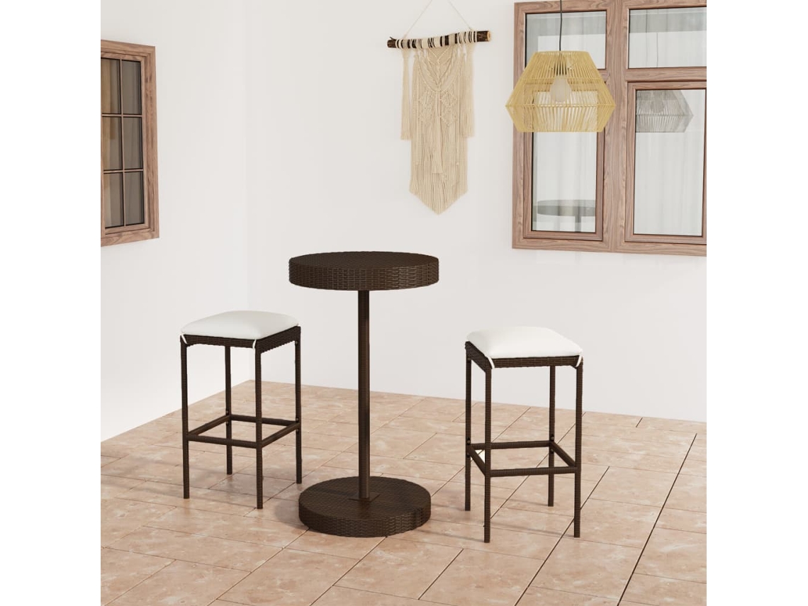 Conjunto de bar de jardín de 3 piezas con cojines de mimbre marrón de DKD Home Decor