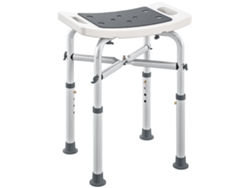 Taburete/silla de ducha con asiento acolchado y ajustable, patas antideslizantes con ventosas, en aluminio gris.