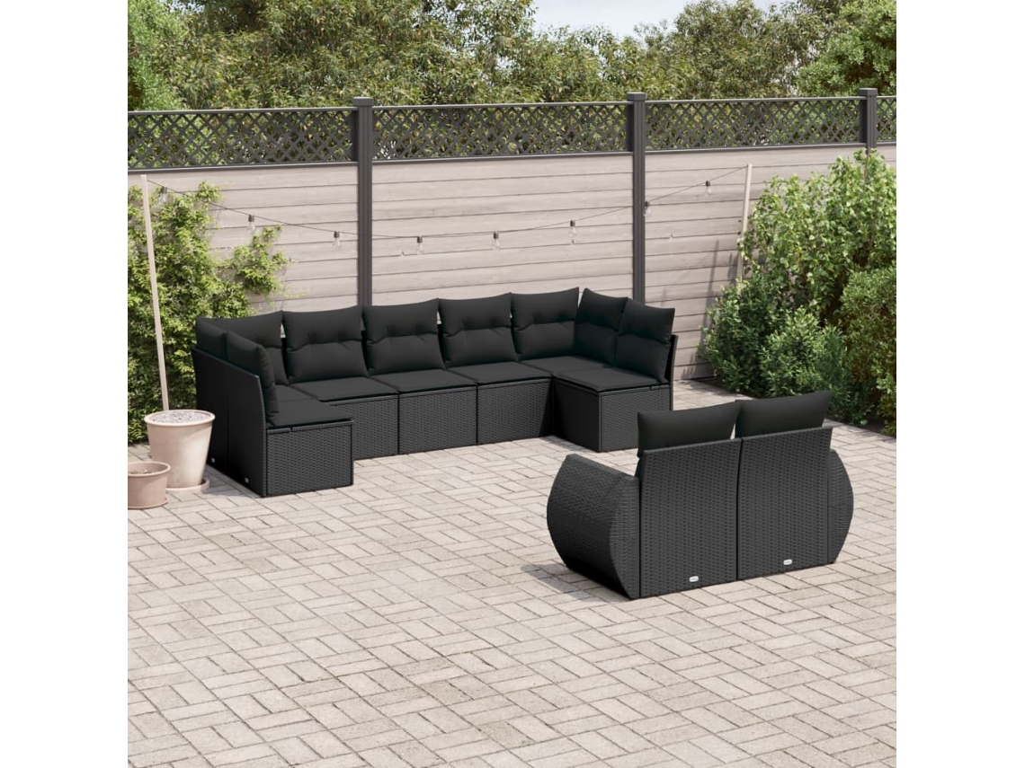 Conjunto de sofá de jardín de 9 piezas con cojines, ratán negro, Dkd Home Decor