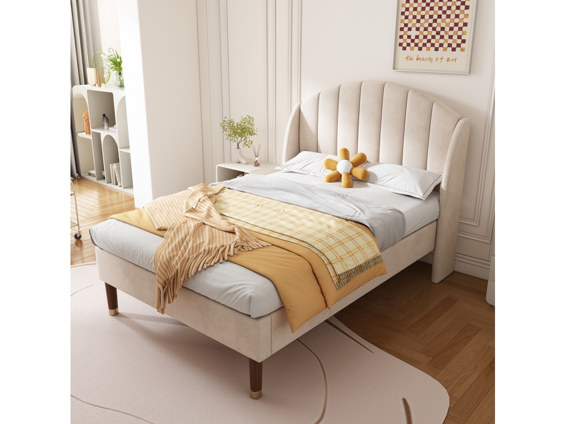 Cama Tapizada De 90x200 Cm Con Somier De Láminas, De Terciopelo Beige, Ideal Para Adolescentes.