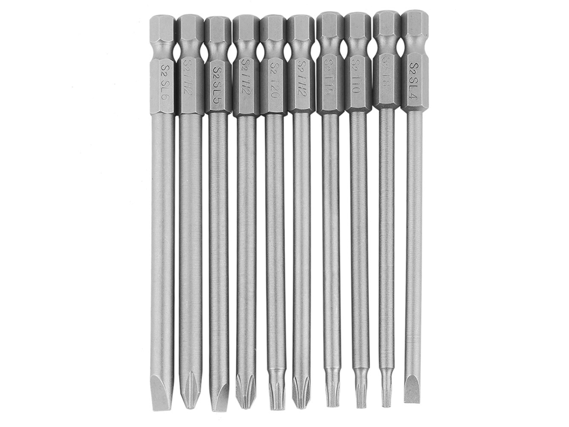 Conjunto De Pontas De Parafusadeira Magnéticas Hex 1/4 100mm 10pcs (plana+phillips+estrela Segura)
