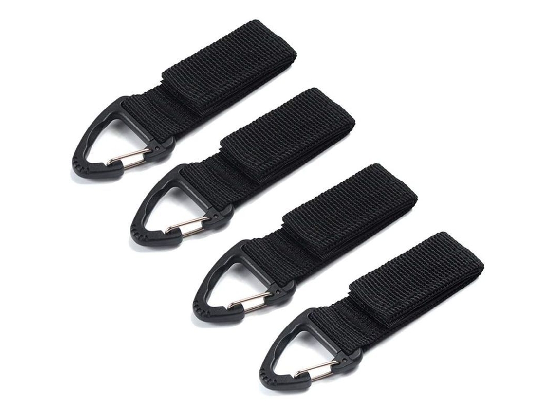 Conjunto de 4 ganchos táticos de nylon com gancho para chaves, compatíveis com sistema MOLLE, cintos táticos e mochilas, ideais para camping e trekking.