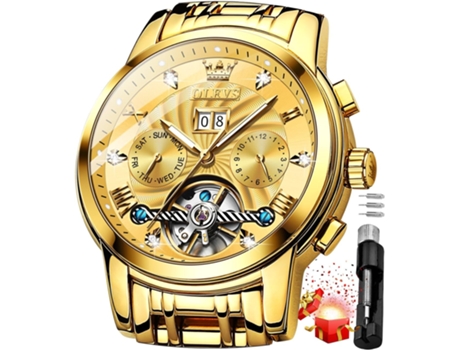VEANXIN Reloj automático de acero inoxidable Tourbillon hueco mecánico con diamantes dorados para hombre(oro)