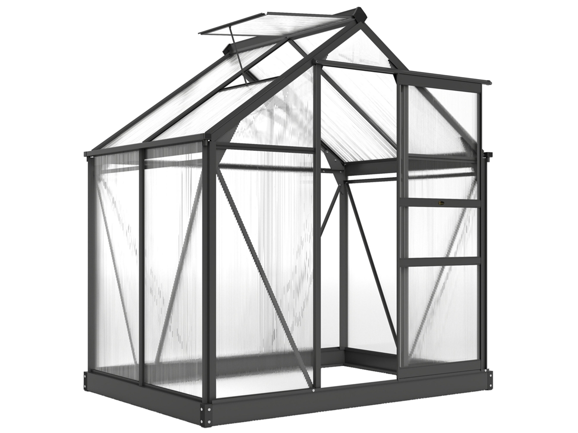 Invernadero de policarbonato de 190x132x201cm con protección UV30, base reforzada y canaleta gris para jardín.