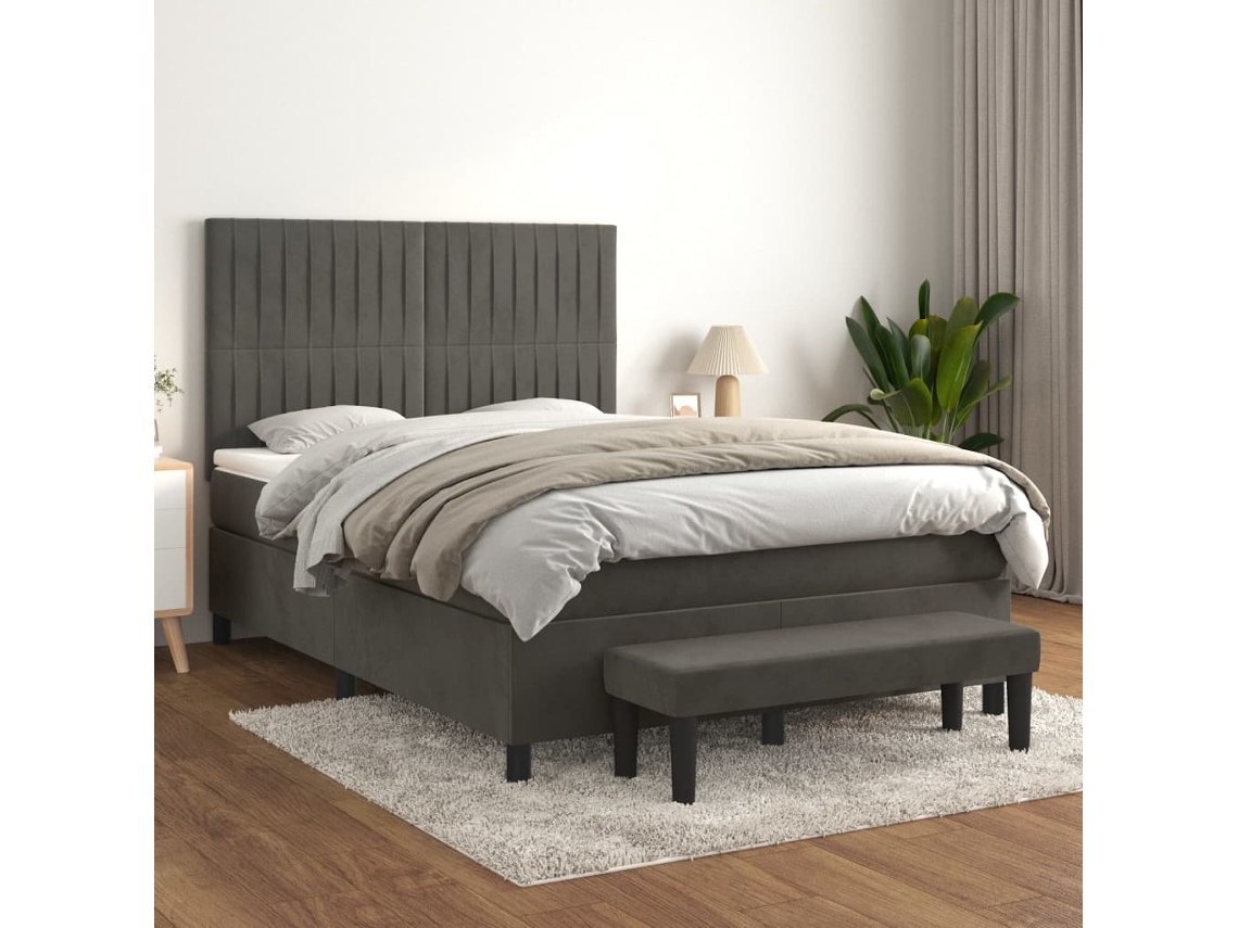 Cama Box Spring Con Colchón Terciopelo Gris Oscuro 140x200 Cm