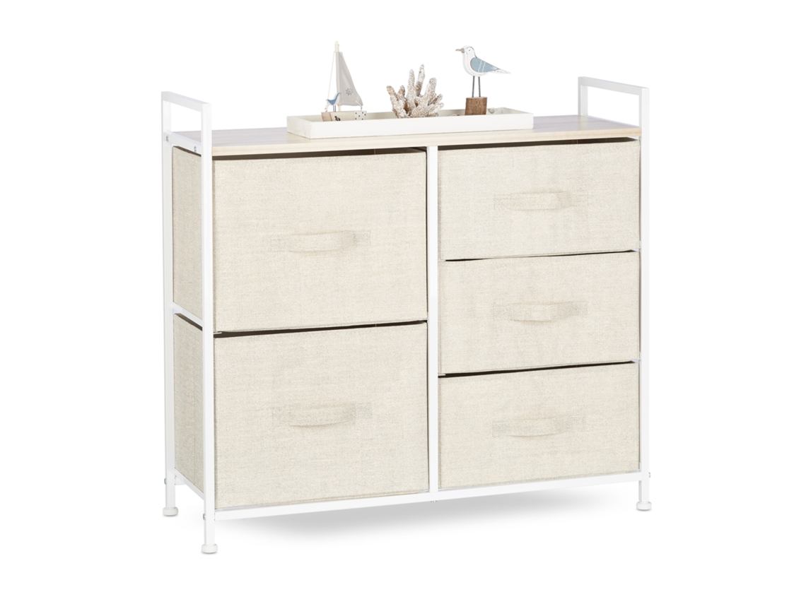 Relaxdays Cajonera Multiusos Con 5 Cajones, Metal-tela, Beige, 77.5 X 83 X 29 Cm
