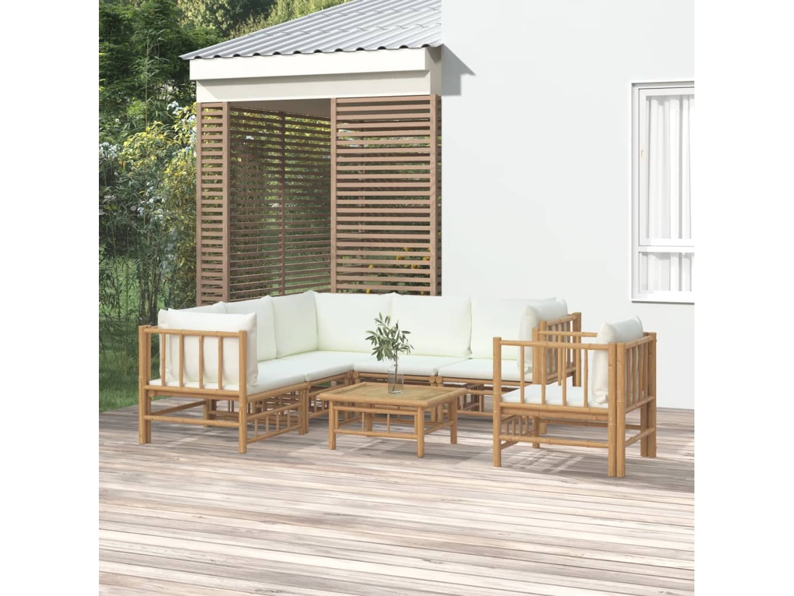 Conjunto de jardín de bambú de 2 piezas con cojines en blanco crema, Dkd Home Decor