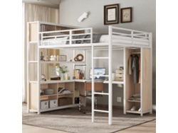 Cama De Metal 140x200, Armario, Escritorio De Almacenamiento, Hierro, Madera, Blanco