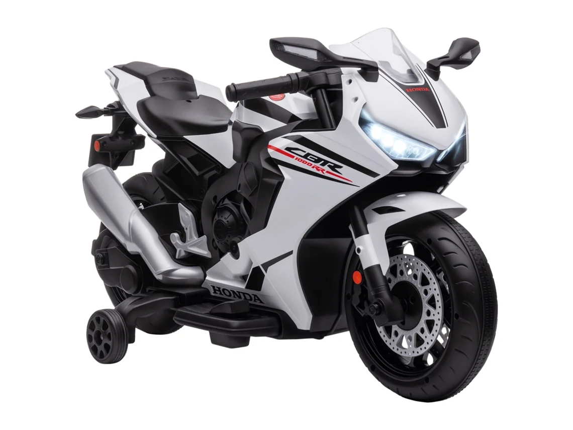 Motocicleta infantil con licencia, para edades de 3 a 5 años, con faros, claxon, ruedines y caballete, color blanco, 90x44x52