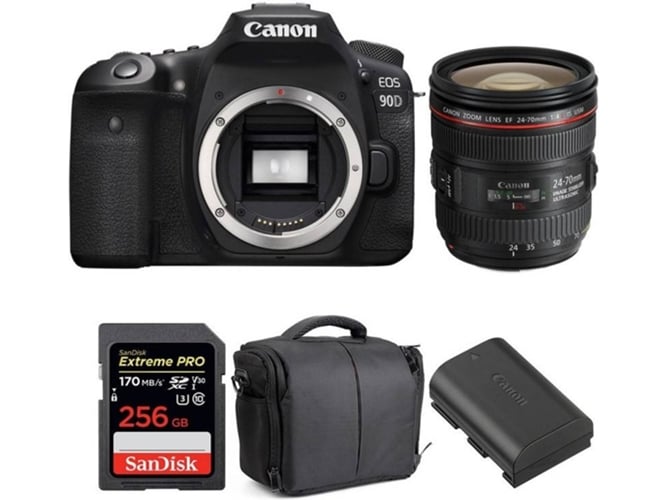 Kit Cámara Réflex CANON EOS 90D + EF 24-70mm f/4L IS USM + SanDisk 256GB + LP-E6N + Bolsa