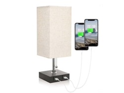 Lámpara de noche táctil con dos puertos de carga USB, color beige y dorado.