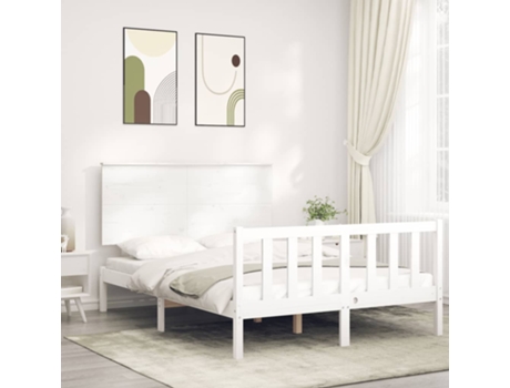 VIDAXL Cama doble blanca de madera maciza con cabecero (Madera - 135 x 190 cm)