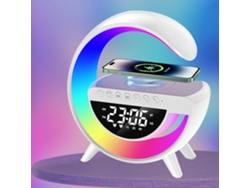 Este altavoz Bluetooth multifuncional se puede utilizar como lámpara de escritorio y reloj despertador, y cuenta con carga inalámbrica integrada (blanco).