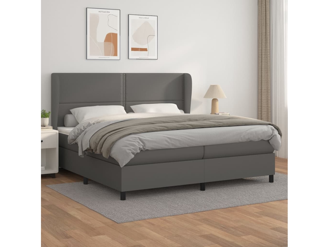 Cama Box Spring Con Colchón Cuero Sintético Gris 200x200 Cm