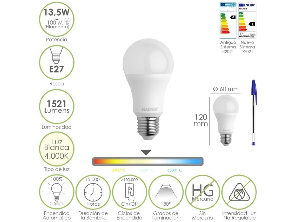 Bombilla led estandar rosca e27. 13,5 watt. equivale a 100 watt. 1521 lumenes. luz neutra (4000  k.)