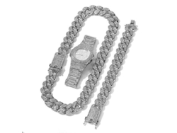 Reloj De Muñeca 9'' Pulsera 8'' Collar Cuban 18'' Para Hombre Hip Hop Jui