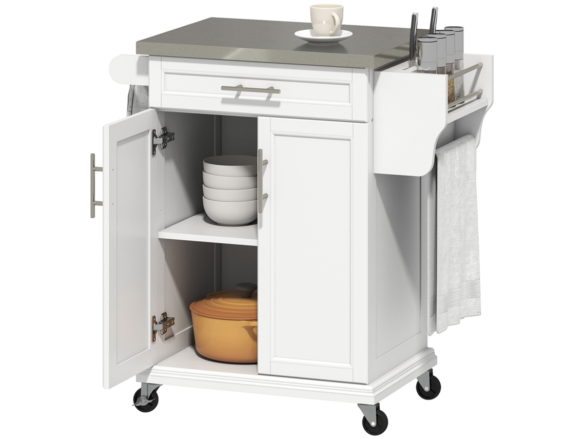 Carrito Para Isla De Cocina Con Ruedas, Encimera De Acero, Estante Ajustable, Cajón, Especiero, Blanco.