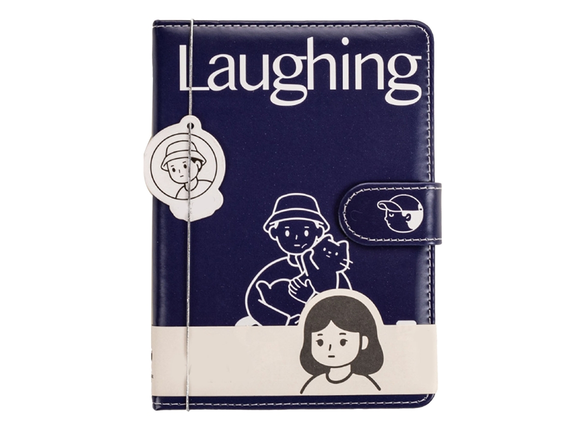 Cuaderno de recortes A5 en piel sintética azul con cierre magnético, diseño de dibujos animados.